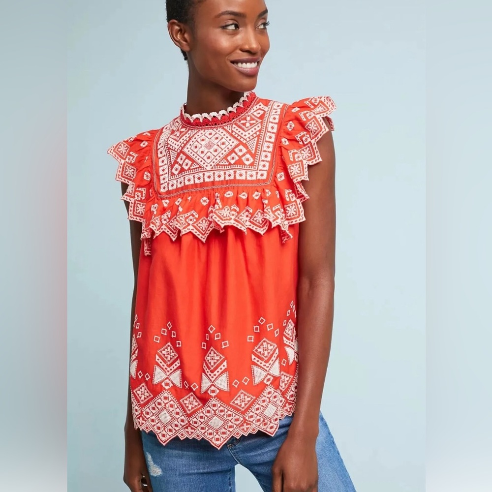 Anthropologie | Embroidered Boho Feather Bone Blouse e - Size 4 - EUC
